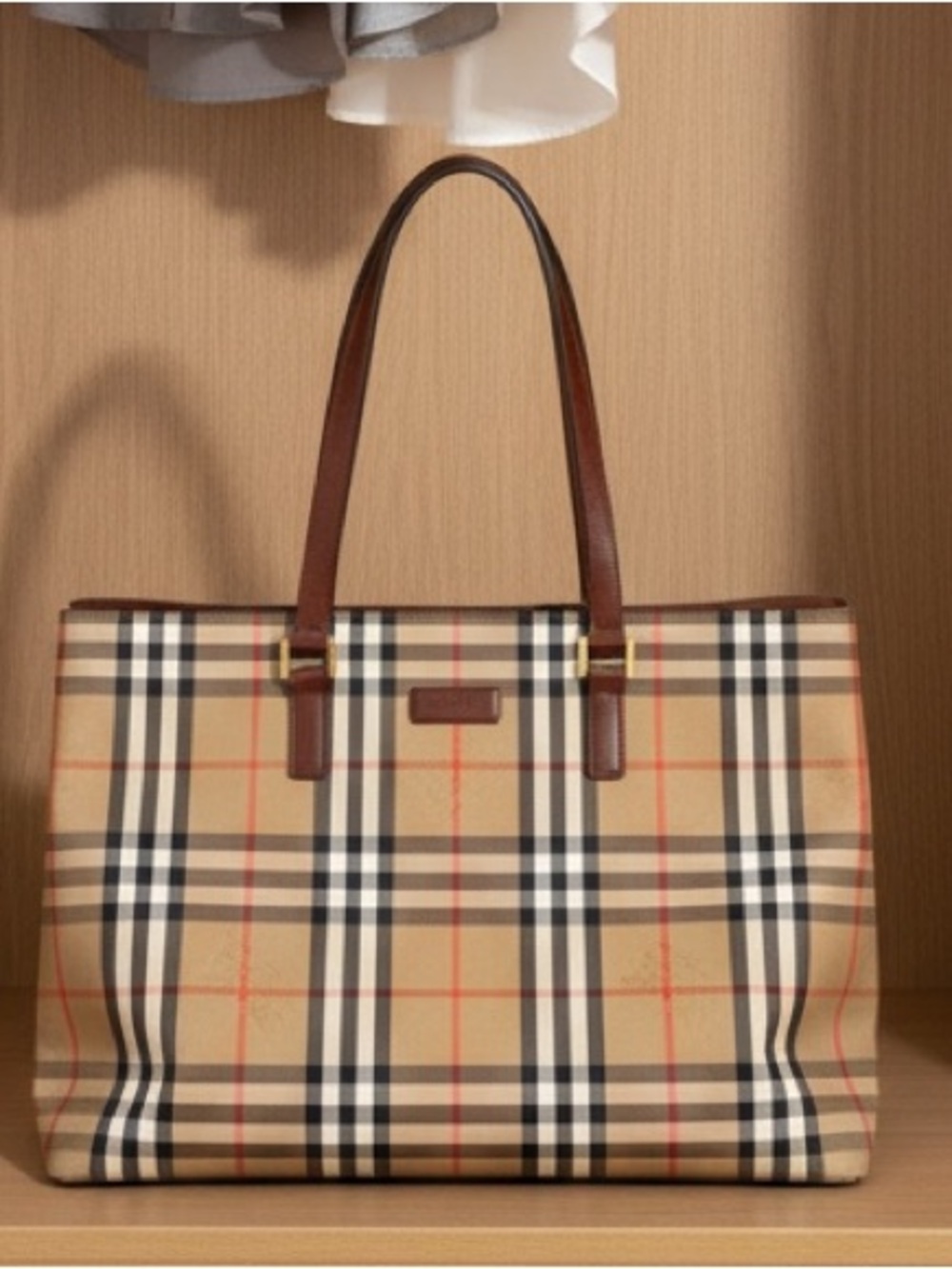 Vintage Burberry Nova Check Tote Bag Brown Leather Handle Shopper Purse
